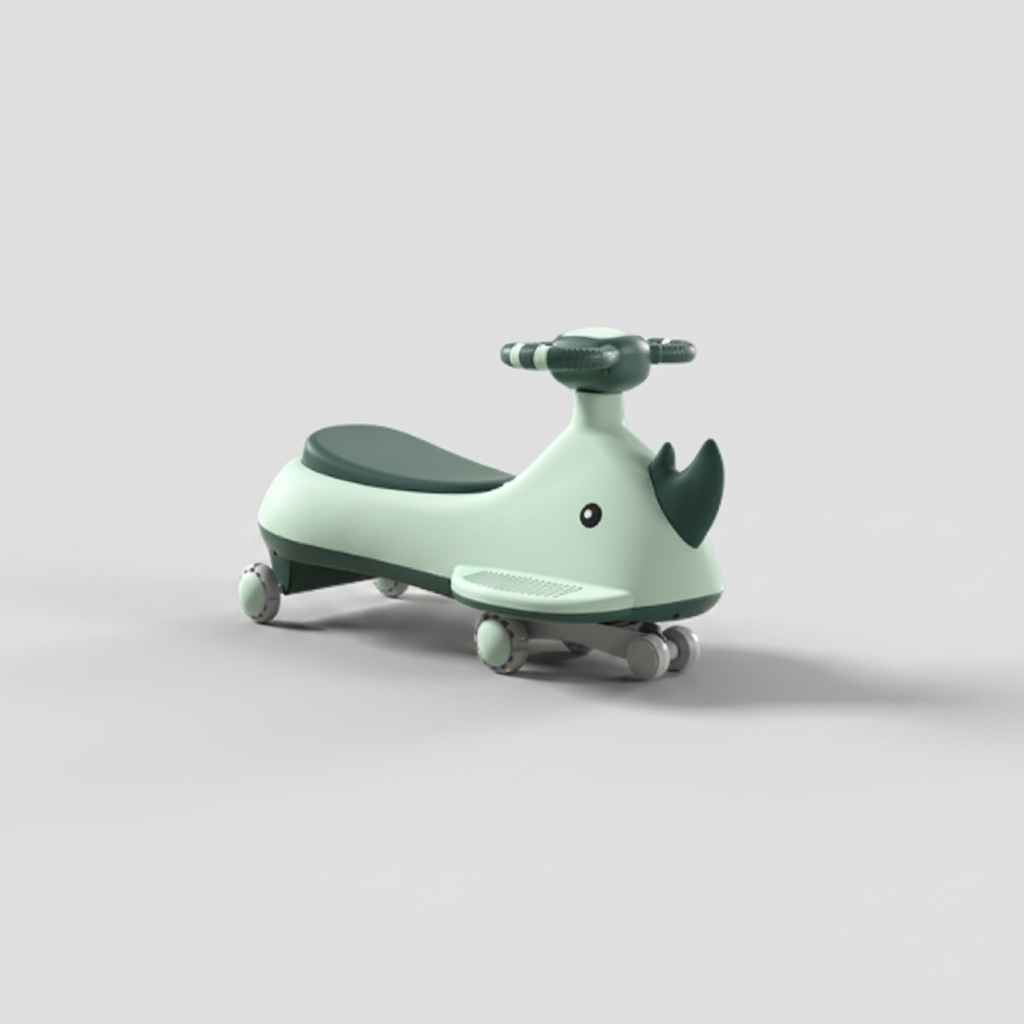 A light mint green and dark green rhinoceros-shaped children's ride-on toy with gray wheels, shown on a solid light gray background.