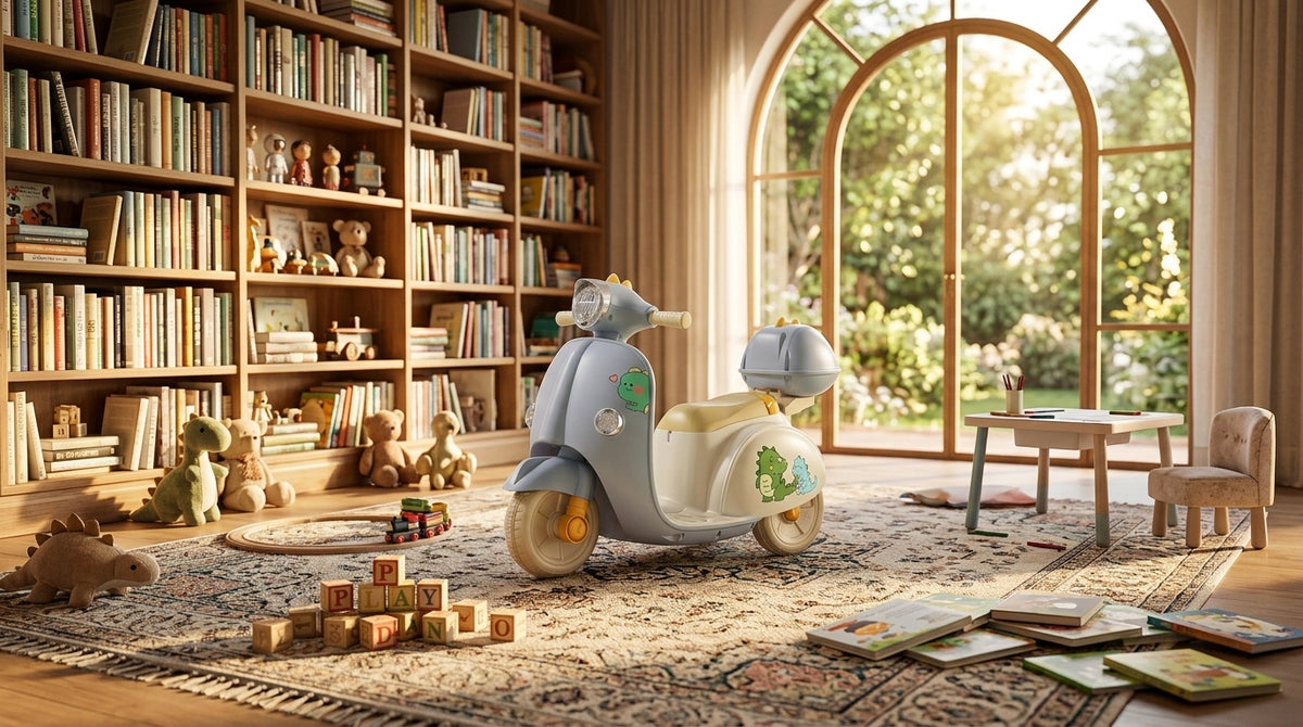 A light blue and cream toy scooter with green leaf decals sits on a patterned rug in a sunlit children's room with tall wooden bookshelves, toys, and a large arched window looking out to a garden.